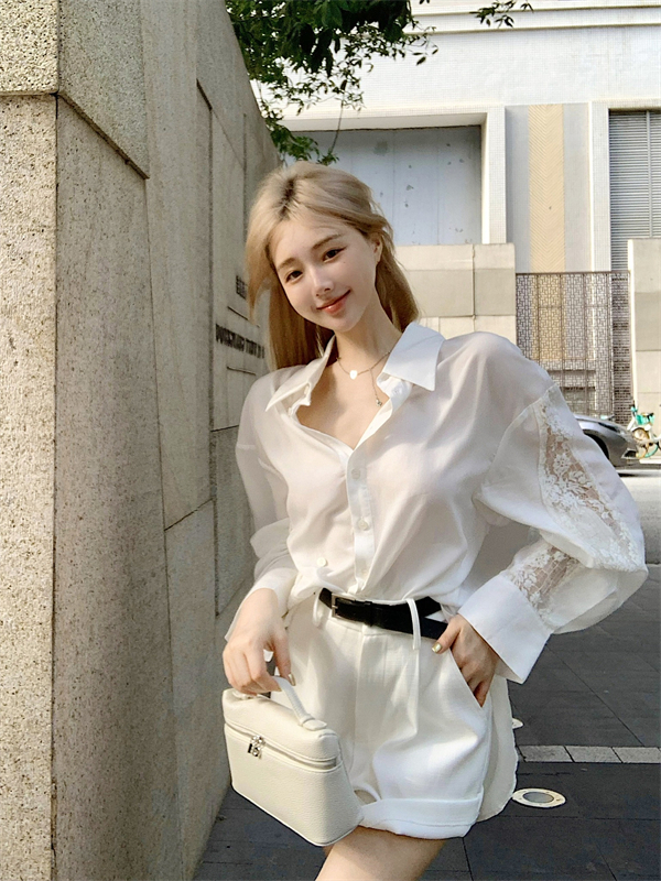 蕾絲拼接白色polo領襯衫女裝夏季寬鬆氣質長袖襯衣設計感小眾上衣