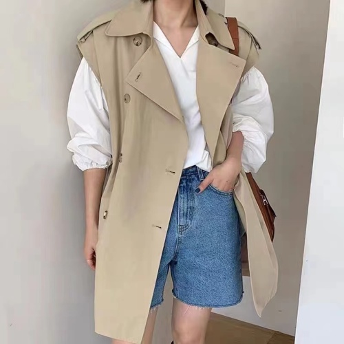 Korean chic style lapel double-breasted loose mid-length sleeveless windbreaker vest jacket for women