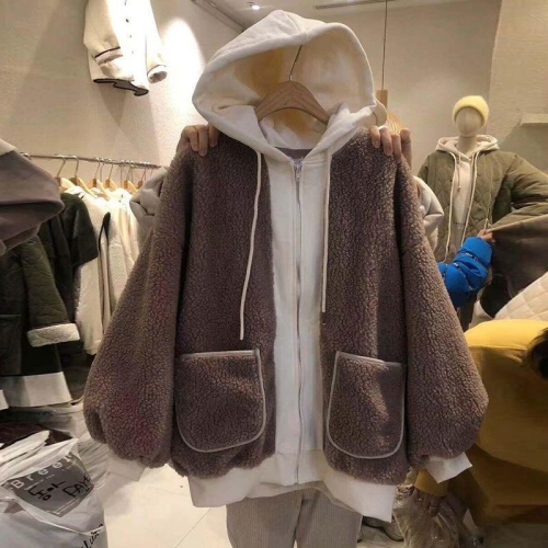 202 large 4-door new style plus velvet imitation sherpa splicing fake two-piece hooded pocket hoodie sweatshirt jacket for women