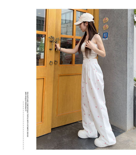 New summer white floral Yamamoto pants fresh bow loose straight pants high waist casual wide leg pants