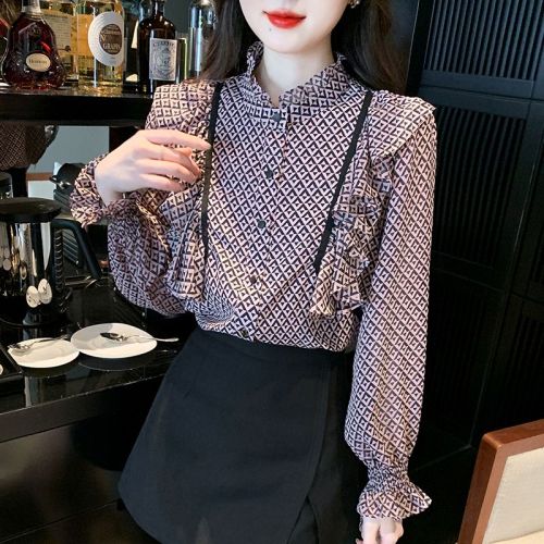 Real shot of floral chiffon shirt women's long-sleeved 2024 autumn new style temperament fashion top small shirt