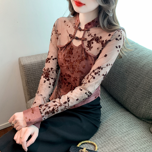 Retro buttoned flocked chiffon shirt for women 2024 autumn new temperament slim and versatile slimming irregular bottoming shirt