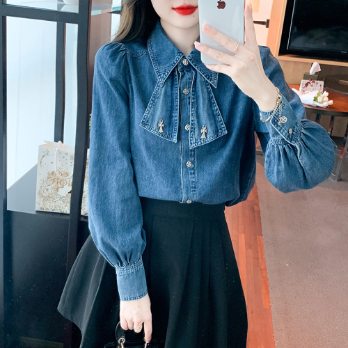 Actual shot of designer denim shirt, Korean version, stylish bow tie, versatile top