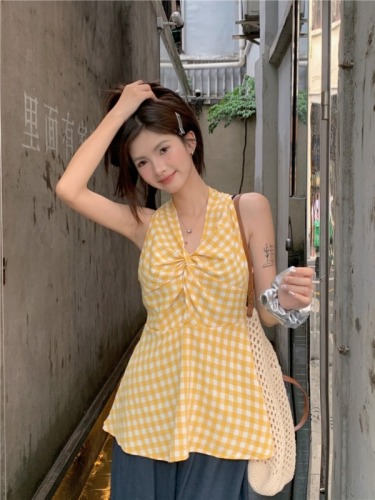 Actual shot of late summer new design yellow sunset knot top women's plaid vest