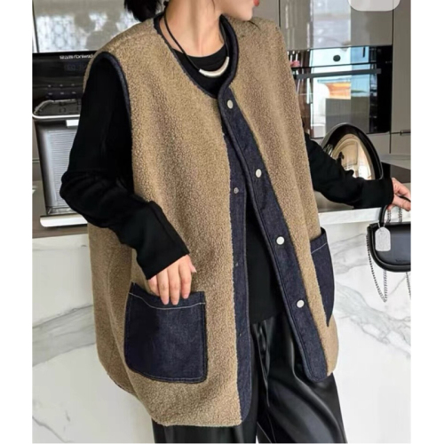 Lamb wool vest for women's outer wear autumn and winter 2024 new Korean loose small versatile denim vest jacket