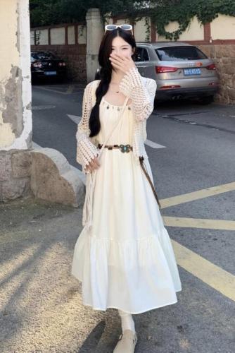 Real shot of summer super fairy loose suspender long skirt holiday style dress for women + lace hollow sun protection cardigan