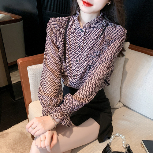 Real shot of floral chiffon shirt women's long-sleeved 2024 autumn new style temperament fashion top small shirt