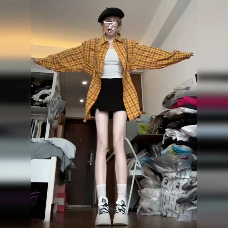 Dopamine American yellow grid women's spring wear loose long sleeve open jacket retro thin version top coat