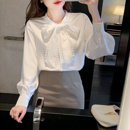 Real shot of bow tie lace shirt for women 2024 new design niche sweet temperament white top