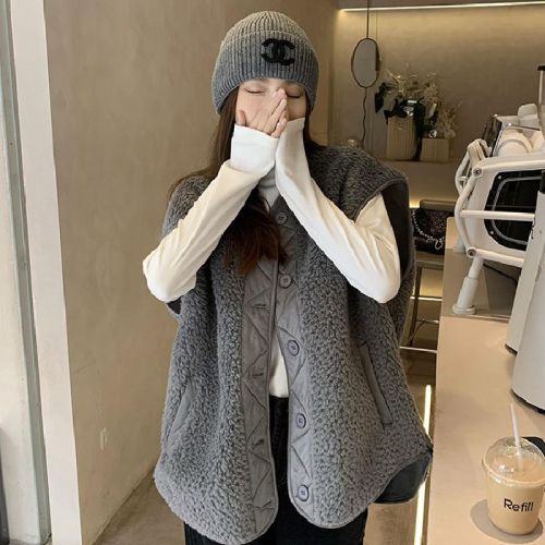 South Korea's Dongdaemun New Gray Lamb Wool Vest Women's Winter New Loose Vest Vest Clip Warm Jacket Trendy