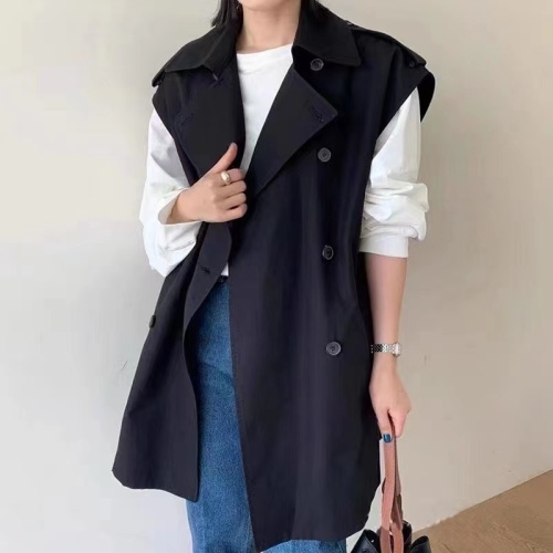 Korean chic style lapel double-breasted loose mid-length sleeveless windbreaker vest jacket for women