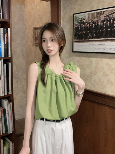 Real shot!  Korean style round neck pleated lace-up sleeveless vest shirt for women loose slimming solid color temperament top