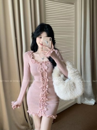 Sweet lace dress for women in autumn and winter pure lust style slimming tube top bottoming hip skirt