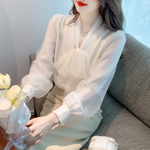 Real shot long-sleeved top 2024 autumn and winter new elegant classic temperament commuting beaded straps and soft yarn versatile shirt