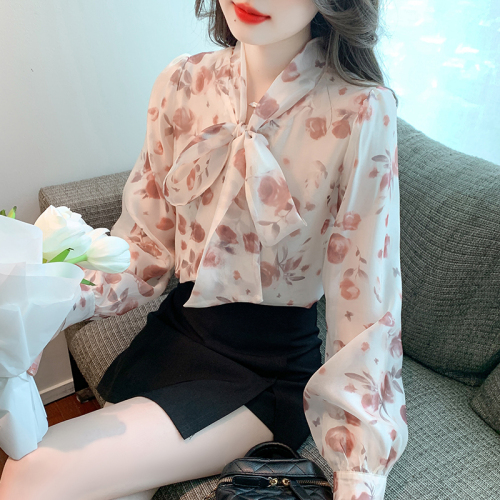 Real shot floral chiffon shirt women's long sleeve 2024 new style temperament fashion top butterfly shirt