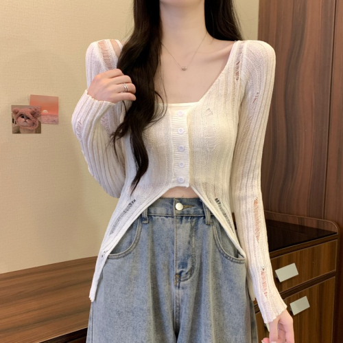 Summer hollow hole chic sun protection T-shirt women's thin suspender outer blouse air-conditioning shirt design short top