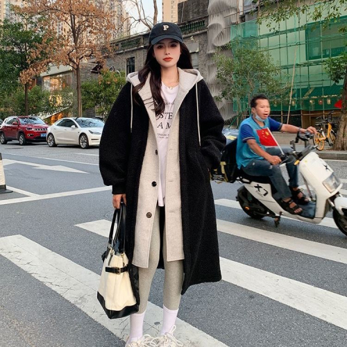 2024 Korean chic autumn and winter new long hooded skirt jacket sherpa versatile loose fashion jacket trend