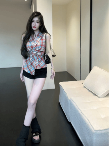 Official Photo Summer Dopamine Outfit Plaid Camisole Women's Outerwear Design Waist Sleeveless V-Neck Top