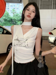 Summer Slim Ribbon Hot Girl Design Slim Short Top White Printed Swing Collar Sleeveless Vest T-Shirt for Women