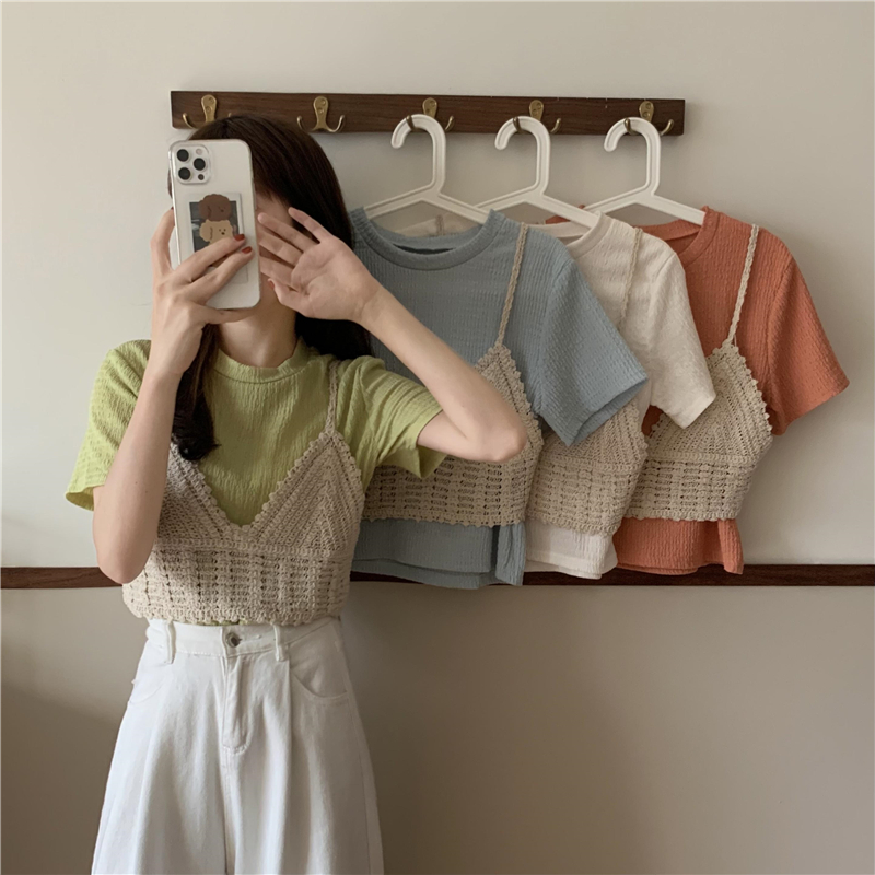 Real shot Summer new simple style pleated round neck chic short-sleeved T-shirt + suspender T-shirt suit