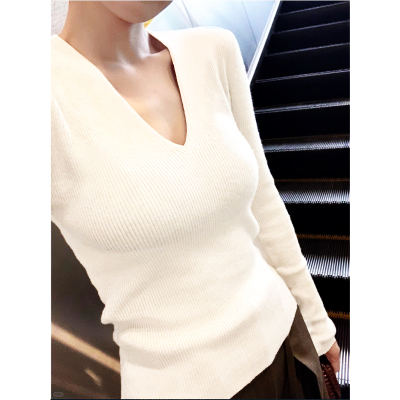 Solid color v-neck knitted bottoming shirt for women in autumn and winter new inner sweater pure desire slimming versatile long-sleeved top