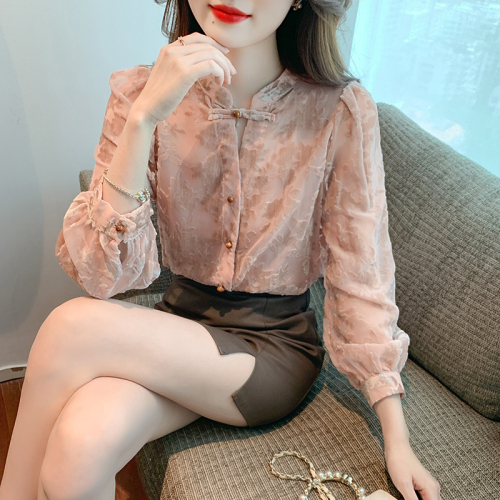 Real shot 2024 spring new style light national style top velvet burnt flower private style long-sleeved shirt for women early autumn