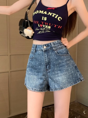 Real shot!  High waist polka dot denim shorts for women summer side slit versatile slimming A-line wide leg hot pants trendy