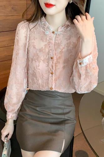 Real shot 2024 spring new style light national style top velvet burnt flower private style long-sleeved shirt for women early autumn