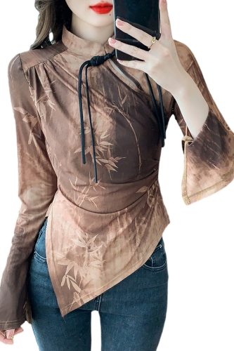 Actual shot of 2024 autumn new national style ink dyeing printed Chinese style improved cheongsam trumpet sleeve bottoming shirt for women