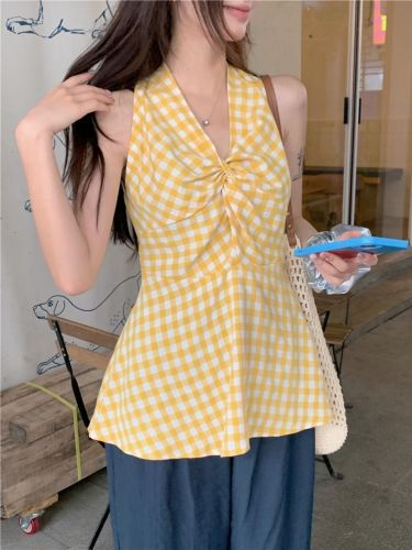 Actual shot of late summer new design yellow sunset knot top women's plaid vest