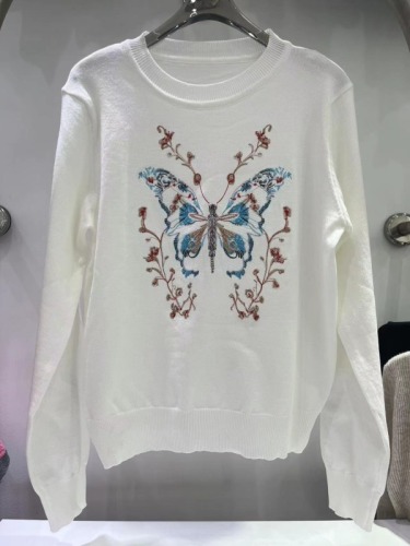 2024 new autumn heavy industry butterfly embroidered round neck pullover long-sleeved ice silk knitted T-shirt slim and versatile top