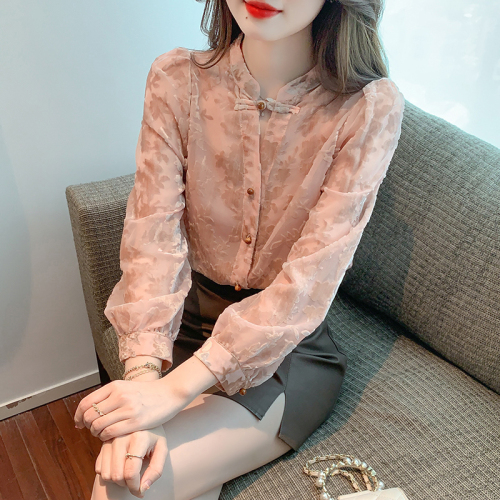 Real shot 2024 spring new style light national style top velvet burnt flower private style long-sleeved shirt for women early autumn