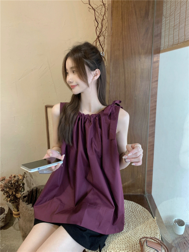 Real shot!  Korean style round neck pleated lace-up sleeveless vest shirt for women loose slimming solid color temperament top