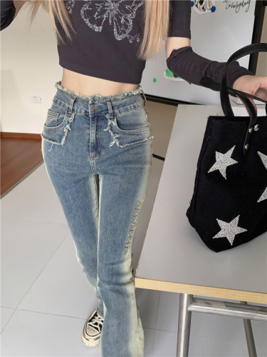 Real shot!  Hot girl high-waist raw edge jeans women's gradient distressed tight slimming slightly flared trousers