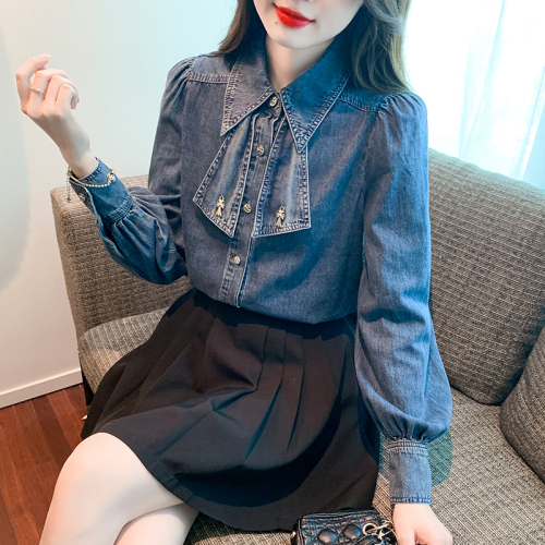 Actual shot of designer denim shirt, Korean version, stylish bow tie, versatile top