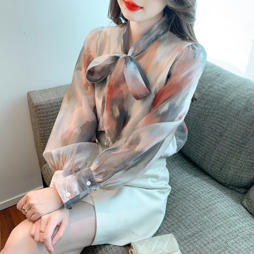 Real shot floral chiffon shirt women's long sleeve 2024 new style temperament fashion top butterfly shirt