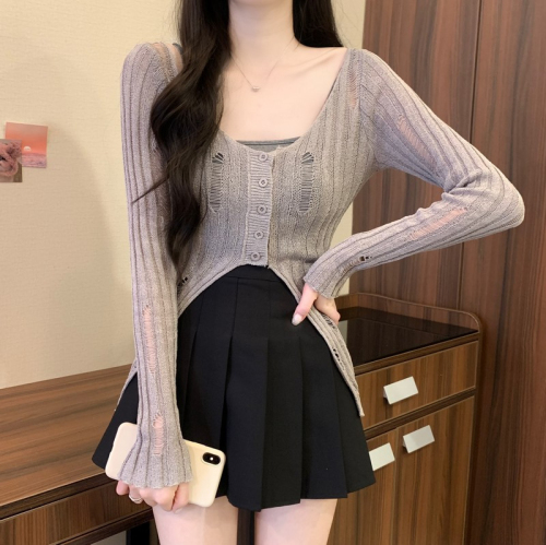 Summer hollow hole chic sun protection T-shirt women's thin suspender outer blouse air-conditioning shirt design short top