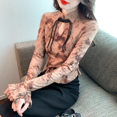 Actual shot of 2024 lace shirt tie-dye Korean version versatile lady super slim regular pullover autumn and winter bottoming shirt