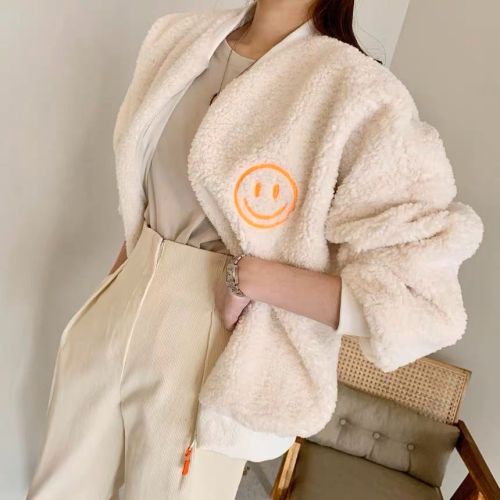 2024 autumn and winter new American style imitation lamb plush smiley face embroidered baseball uniform jacket jacket for women ins trend