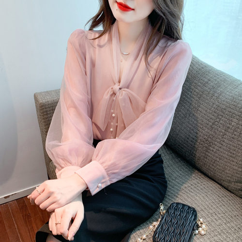 Real shot long-sleeved top 2024 autumn and winter new elegant classic temperament commuting beaded straps and soft yarn versatile shirt