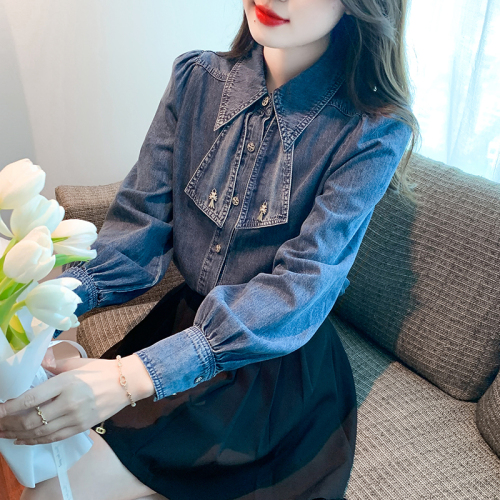 Actual shot of designer denim shirt, Korean version, stylish bow tie, versatile top