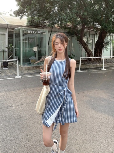 Imitation denim sleeveless vest dress for women summer French design bow waist skirt