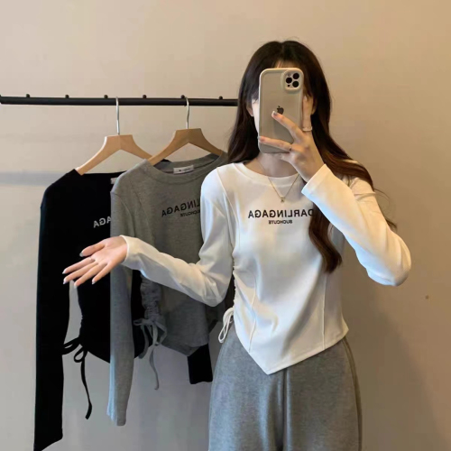 Korean style early autumn short slim niche long-sleeved T-shirt women's right shoulder tight top design bottoming shirt