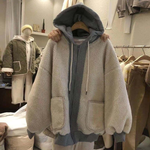 202 large 4-door new style plus velvet imitation sherpa splicing fake two-piece hooded pocket hoodie sweatshirt jacket for women