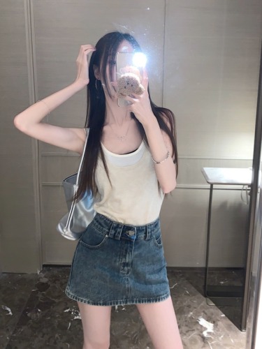 Real shot!  Street sweet pepper Korean version versatile high-waisted denim skirt for women to prevent exposure hot girl short skirt trend