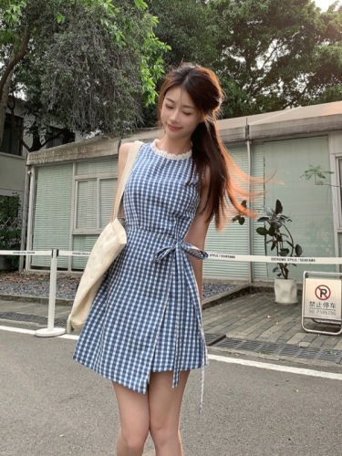 Imitation denim sleeveless vest dress for women summer French design bow waist skirt