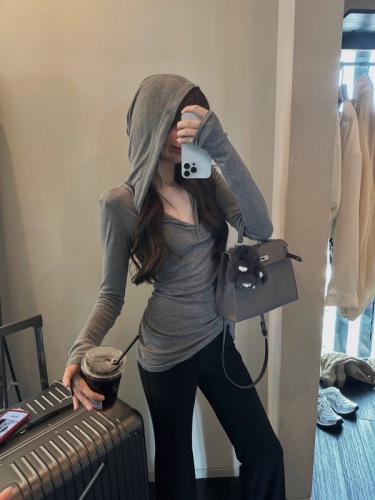 IN MIMIFACE temperament thin reflective letter hooded long-sleeved T-shirt women's summer slim sun protection blouse top