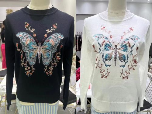 2024 new autumn heavy industry butterfly embroidered round neck pullover long-sleeved ice silk knitted T-shirt slim and versatile top