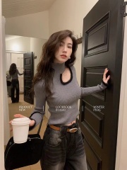 French hollow-out color-blocked crew neck knit base shirt woman winter inner slimming top