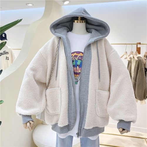 202 large 4-door new style plus velvet imitation sherpa splicing fake two-piece hooded pocket hoodie sweatshirt jacket for women